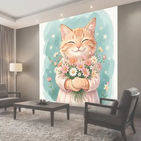 Фотообои Улыбающийся кот с букетом