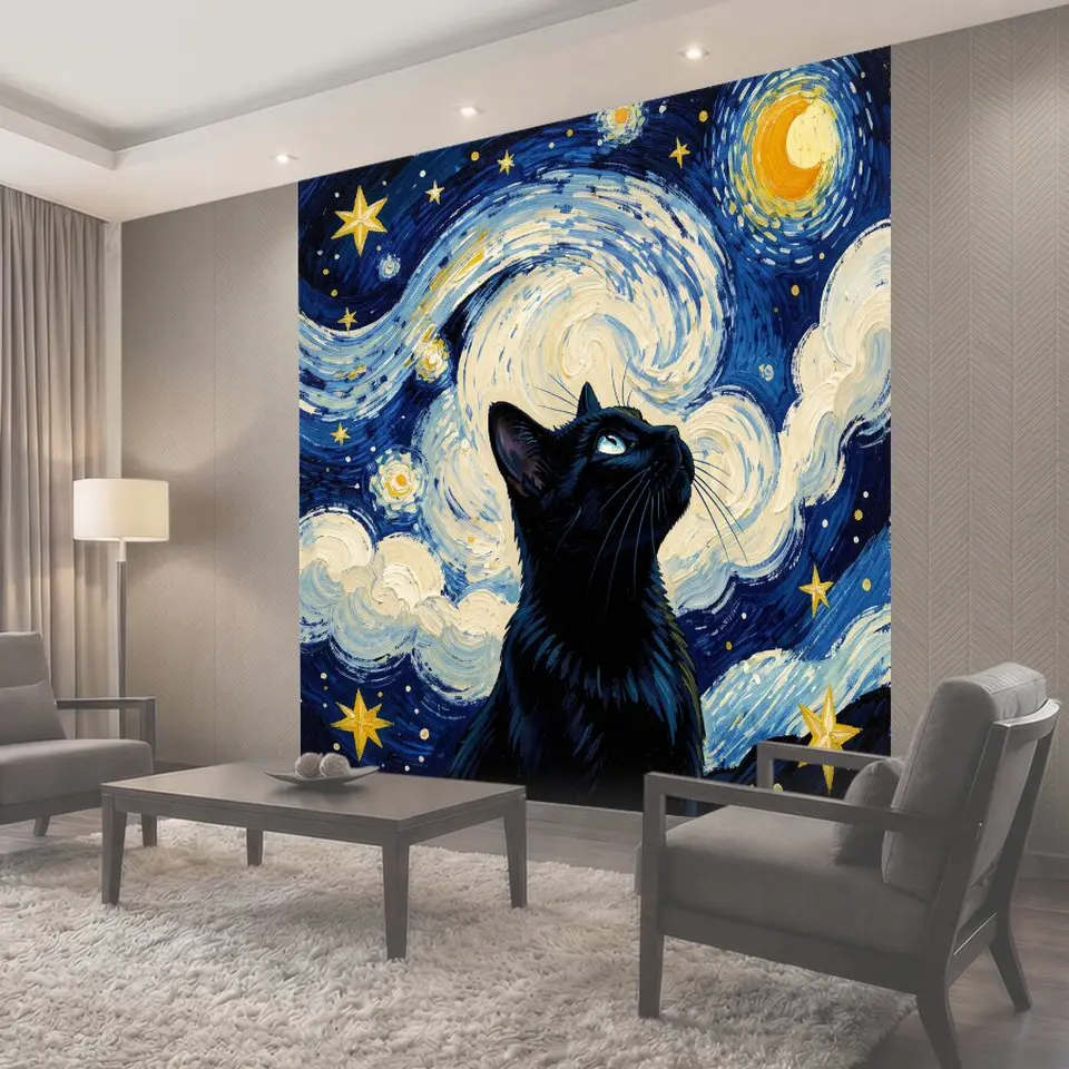 Фотообои Черный кот под звездным небом
