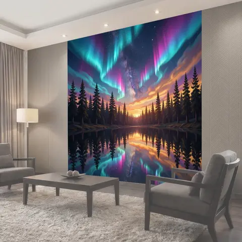 Фотообои Северное сияние над лесным озером