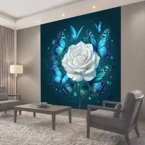 Фотообои Белая роза и бирюзовые бабочки