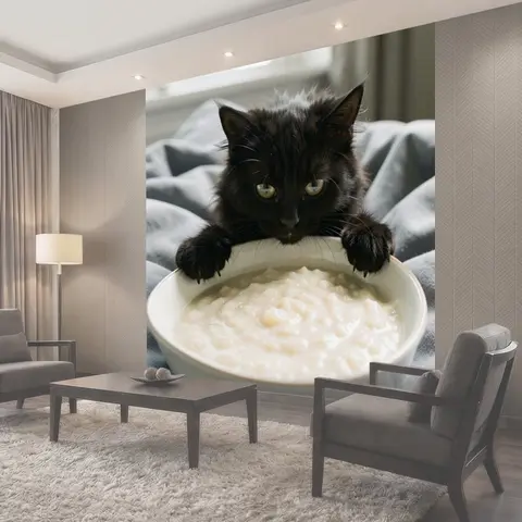 Фотообои Черный кот с миской каши
