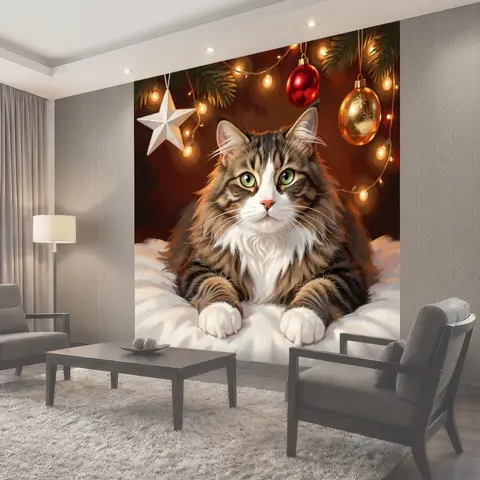 Фотообои Пушистый кот с новогодним декором