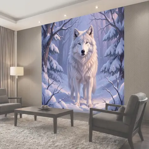 Фотообои Белый волк в зимнем лесу