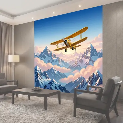 Фотообои Желтый биплан над горами