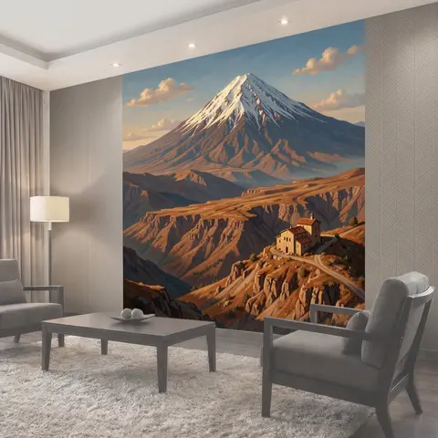 Фотообои Снежная вершина и горная деревня