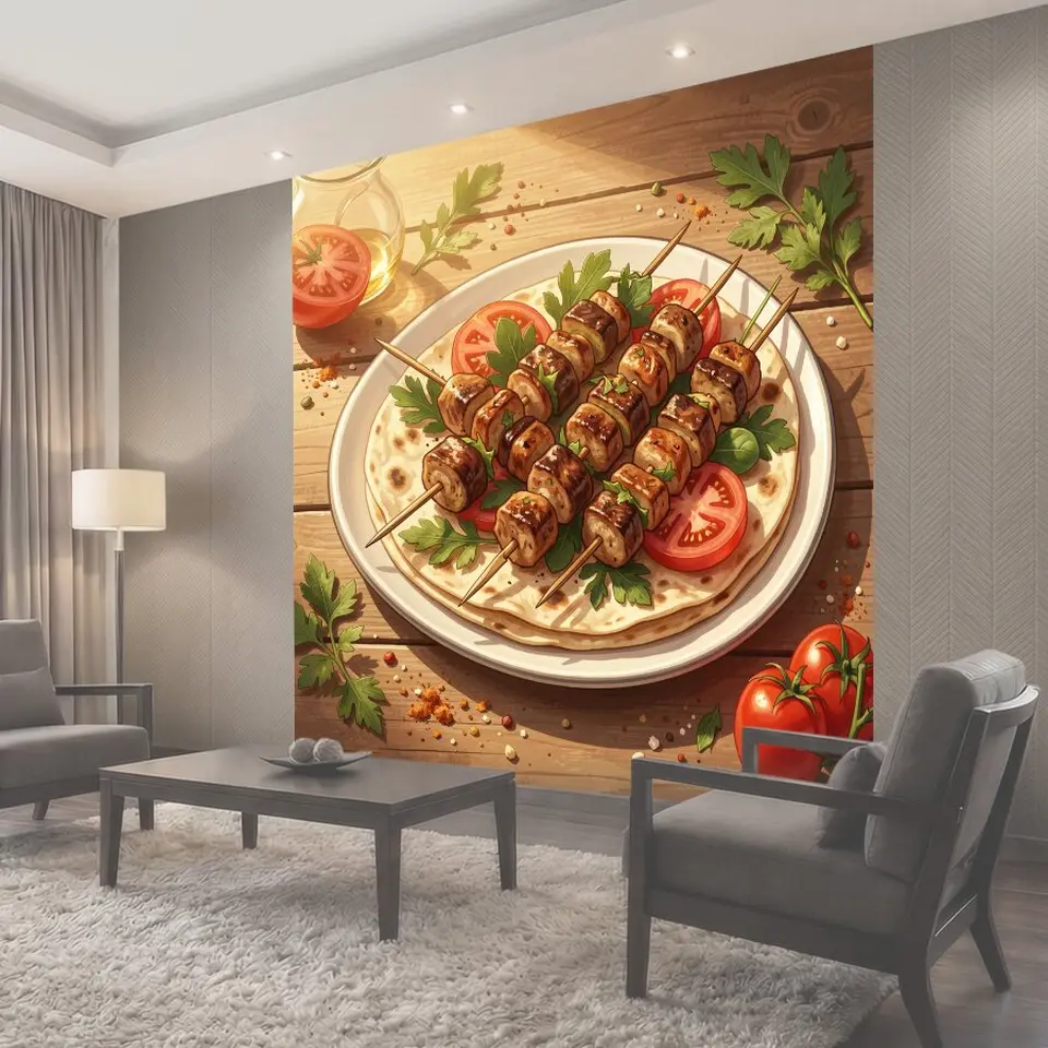 Фотообои Шашлычки на тарелке с овощами