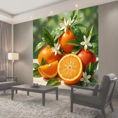 Фотообои Апельсины с листьями и цветами