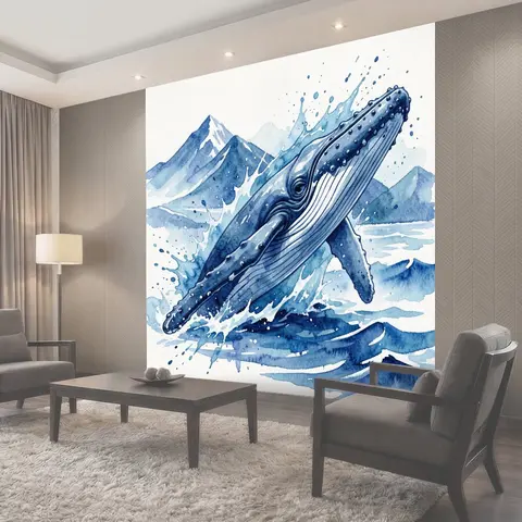 Фотообои Кит в синем море среди гор