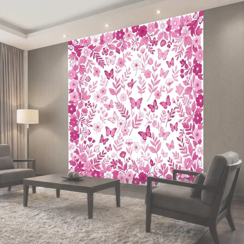 Фотообои Розовые цветы и бабочки