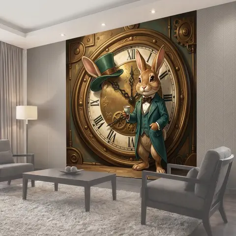 Фотообои Кролик в костюме у часов