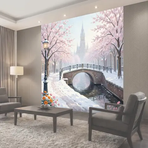 Фотообои Зимний мост среди сакуры