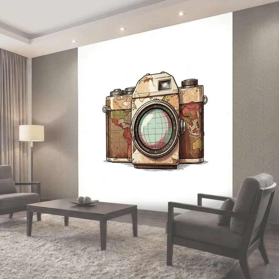 Фотообои Винтажный фотоаппарат с картой мира