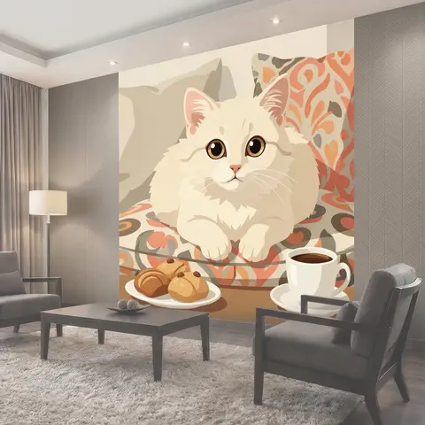 Фотообои Пушистый кот с кофе и выпечкой