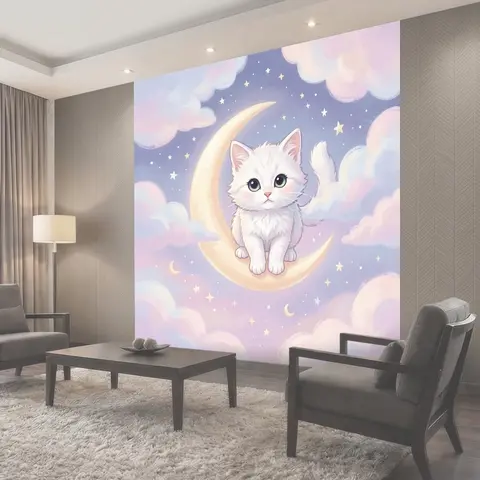 Фотообои Милый белый кот на луне