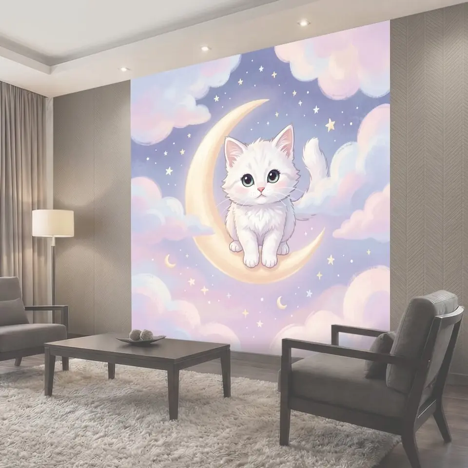 Фотообои Милый белый кот на луне