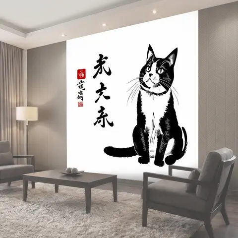 Фотообои Живопись тушью, кошка сидит, смотрит вверх, рядом иероглифы, минималистичный стиль, черно-белый, на белом фоне