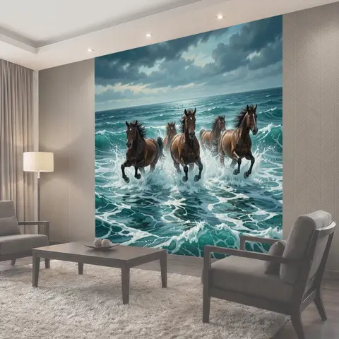 Фотообои Лошади, бегущие по морским волнам