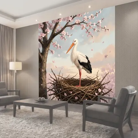 Фотообои Аист в цветущей сакуре