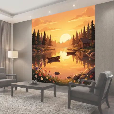 Фотообои Озёрный пейзаж с лодками на закате