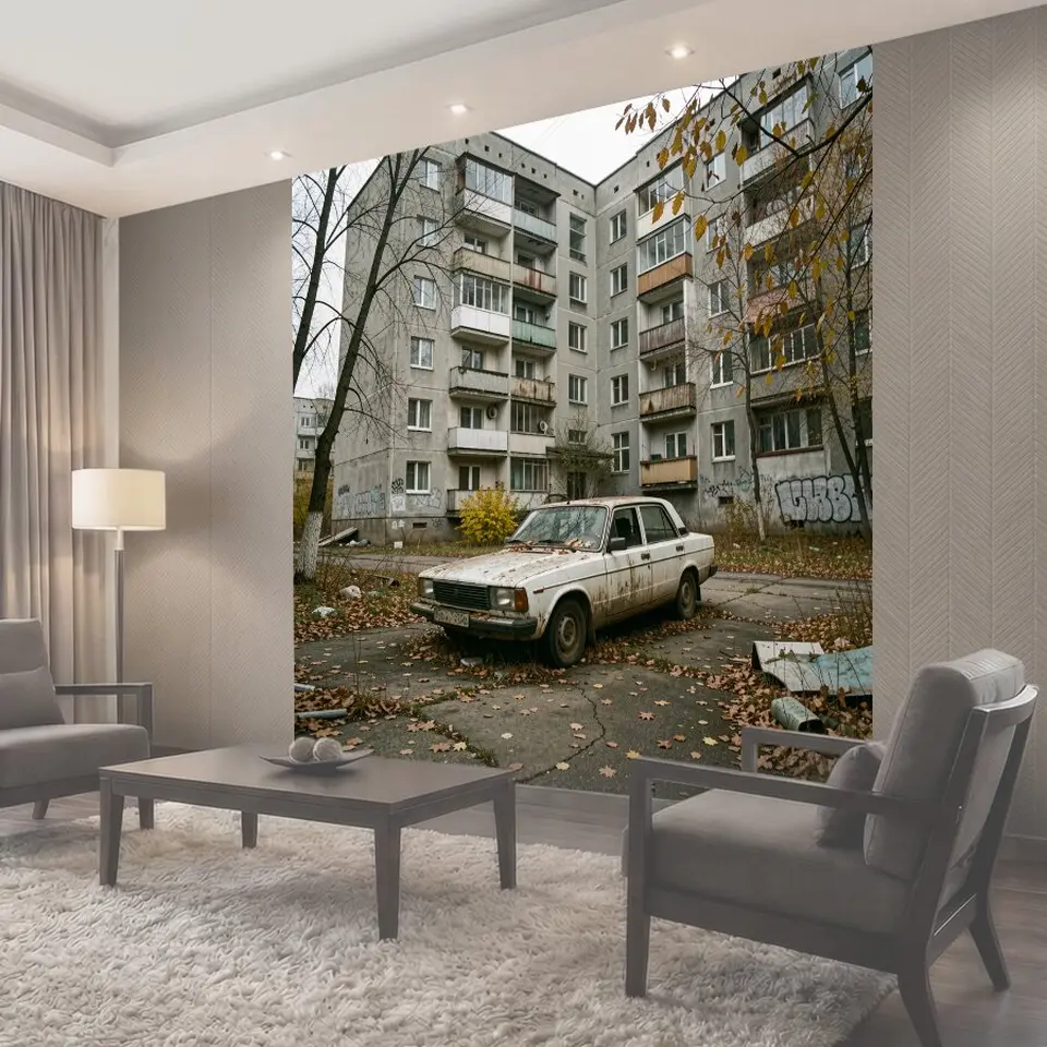 Фотообои Ржавый автомобиль среди осеннего двора