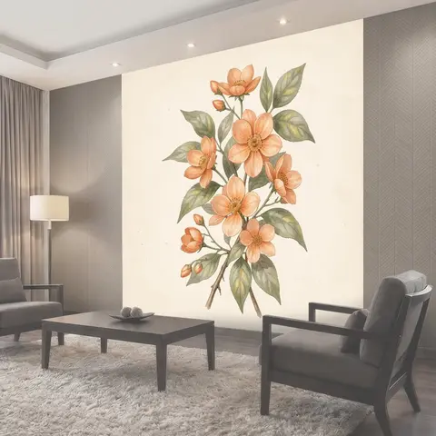 Фотообои Нежные персиковые цветы с листьями