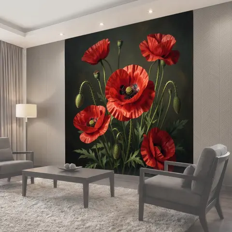 Фотообои Красные маки в темном фоне