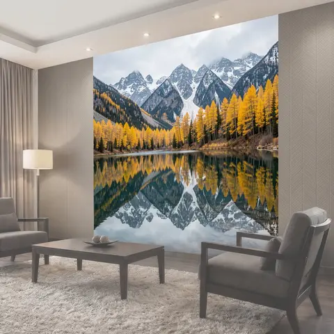 Фотообои Горное озеро с золотым лесом