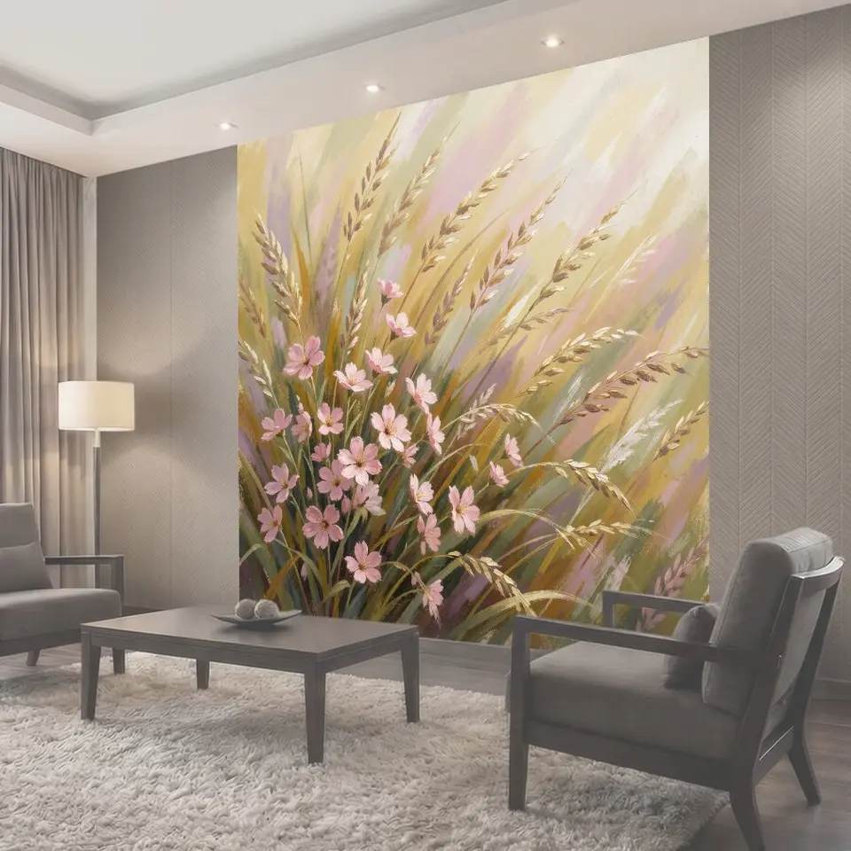 Фотообои Полевые травы и розовые цветы