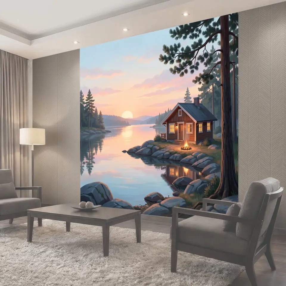 Фотообои Дом у озера на закате