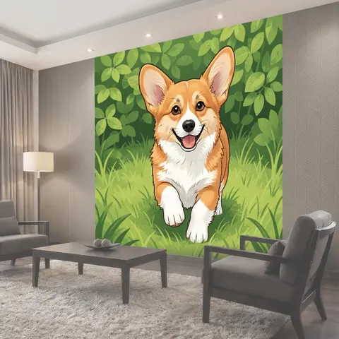 Фотообои Веселый корги в лесу