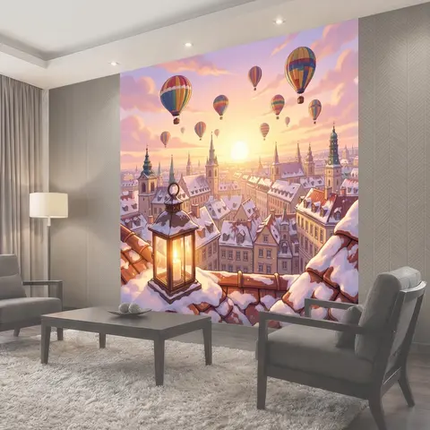 Фотообои Зимний город с воздушными шарами
