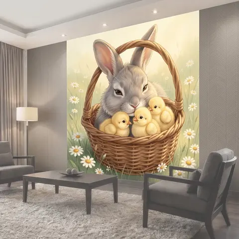 Фотообои Кролик и цыплята в корзине
