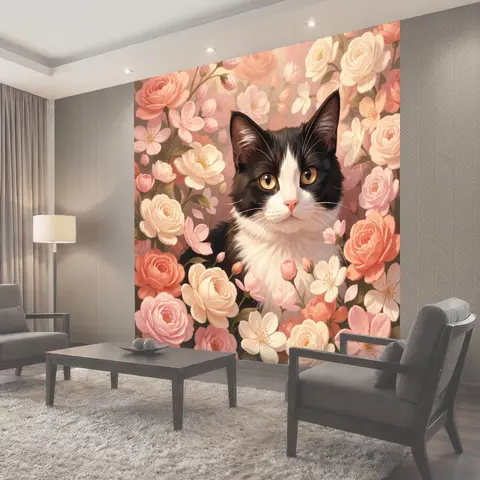 Фотообои Черно-белый кот среди цветов