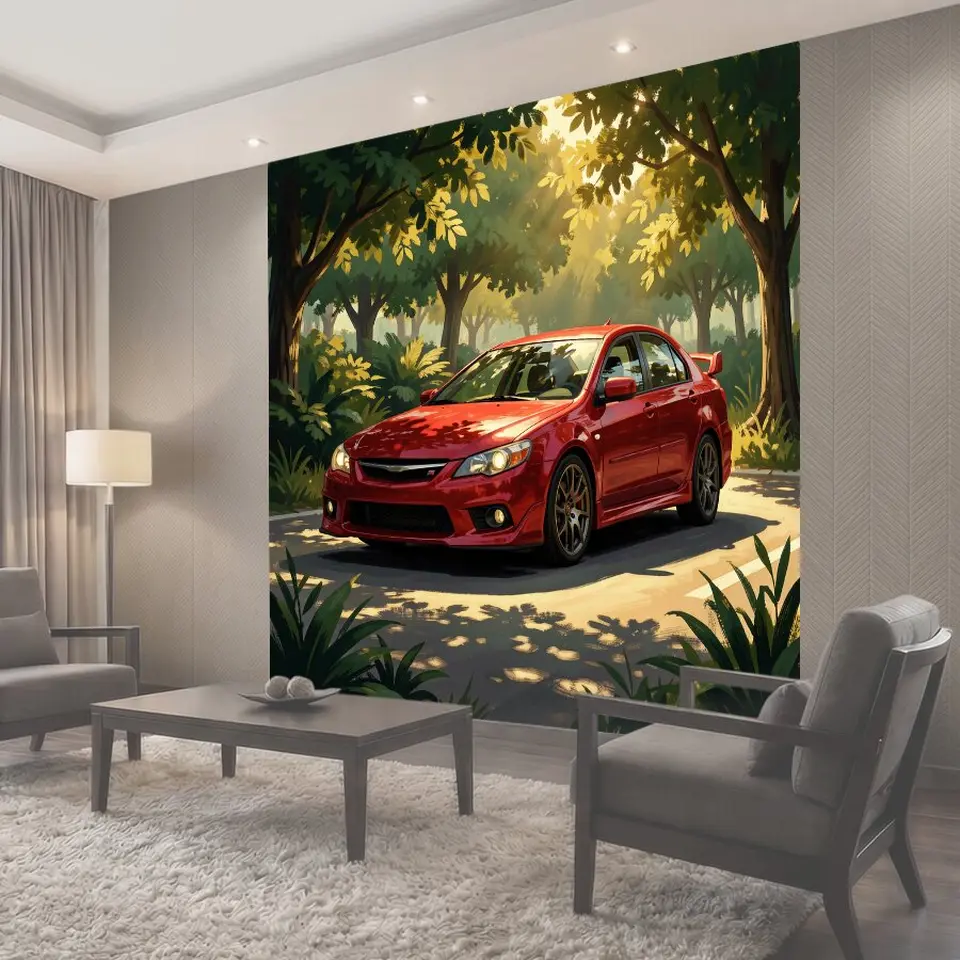 Фотообои Красный спортивный автомобиль в парке
