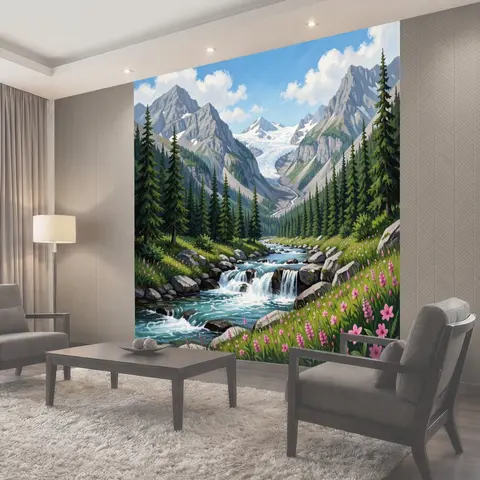 Фотообои Горная долина с рекой и цветами
