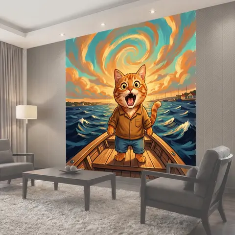 Фотообои Удивленный кот на лодке