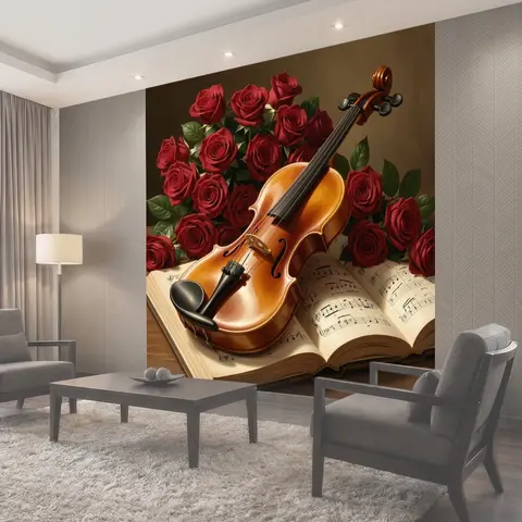 Фотообои Скрипка среди красных роз