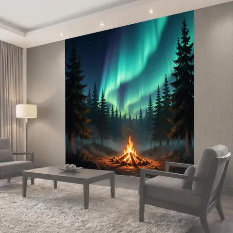 Фотообои Северное сияние над лесным костром