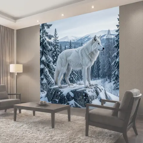 Фотообои Белый волк в зимнем лесу