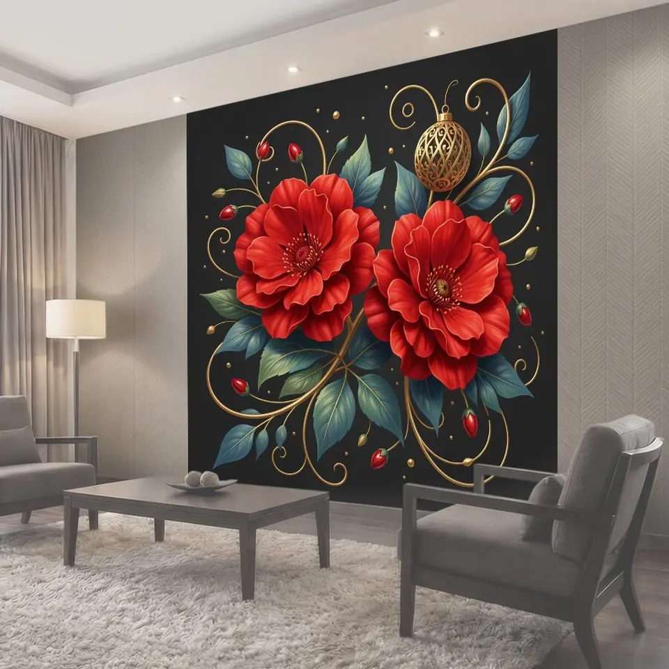 Фотообои Красные цветы с золотым декором