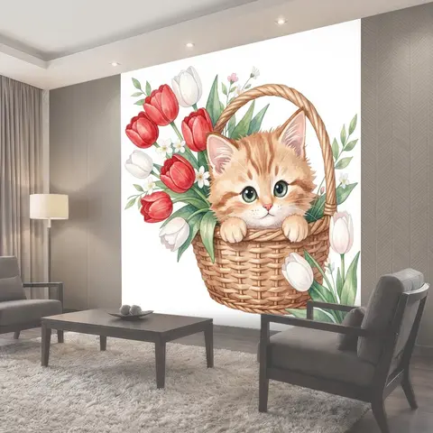 Фотообои Котёнок в плетёной корзине с тюльпанами