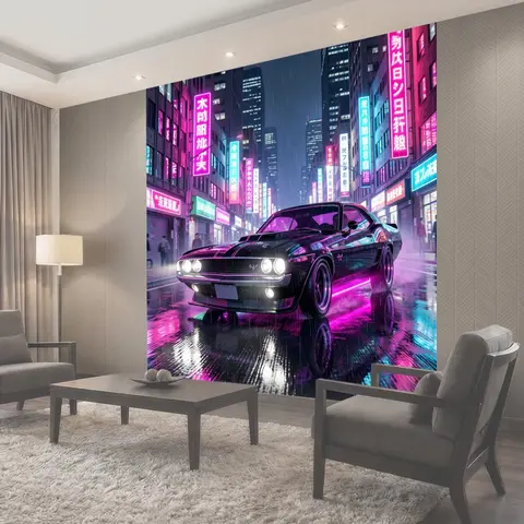 Фотообои Ретро маслкар в неоновом мегаполисе