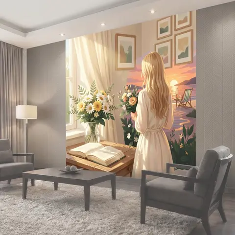 Фотообои Девушка с цветами у окна