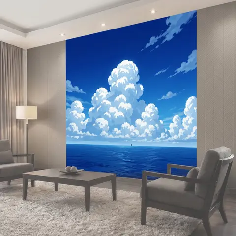 Фотообои Морской горизонт с белыми облаками