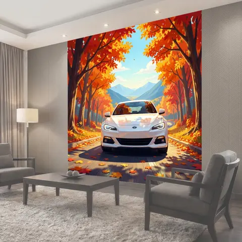 Фотообои Белый автомобиль в осеннем лесу