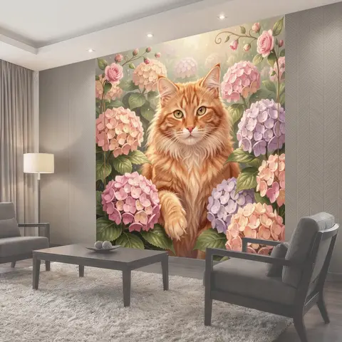 Фотообои Рыжий кот среди гортензий
