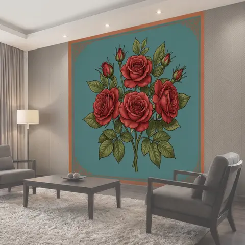 Фотообои Букет красных роз на бирюзовом фоне