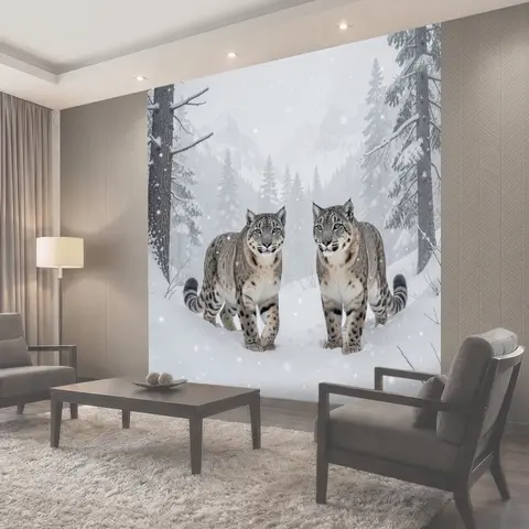 Фотообои Два снежных барса в тайге