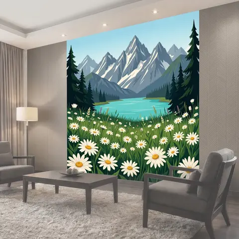 Фотообои Горное озеро и ромашковый луг