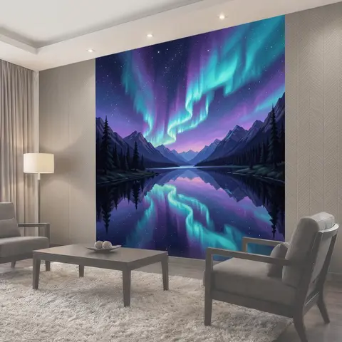 Фотообои Северное сияние над горным озером